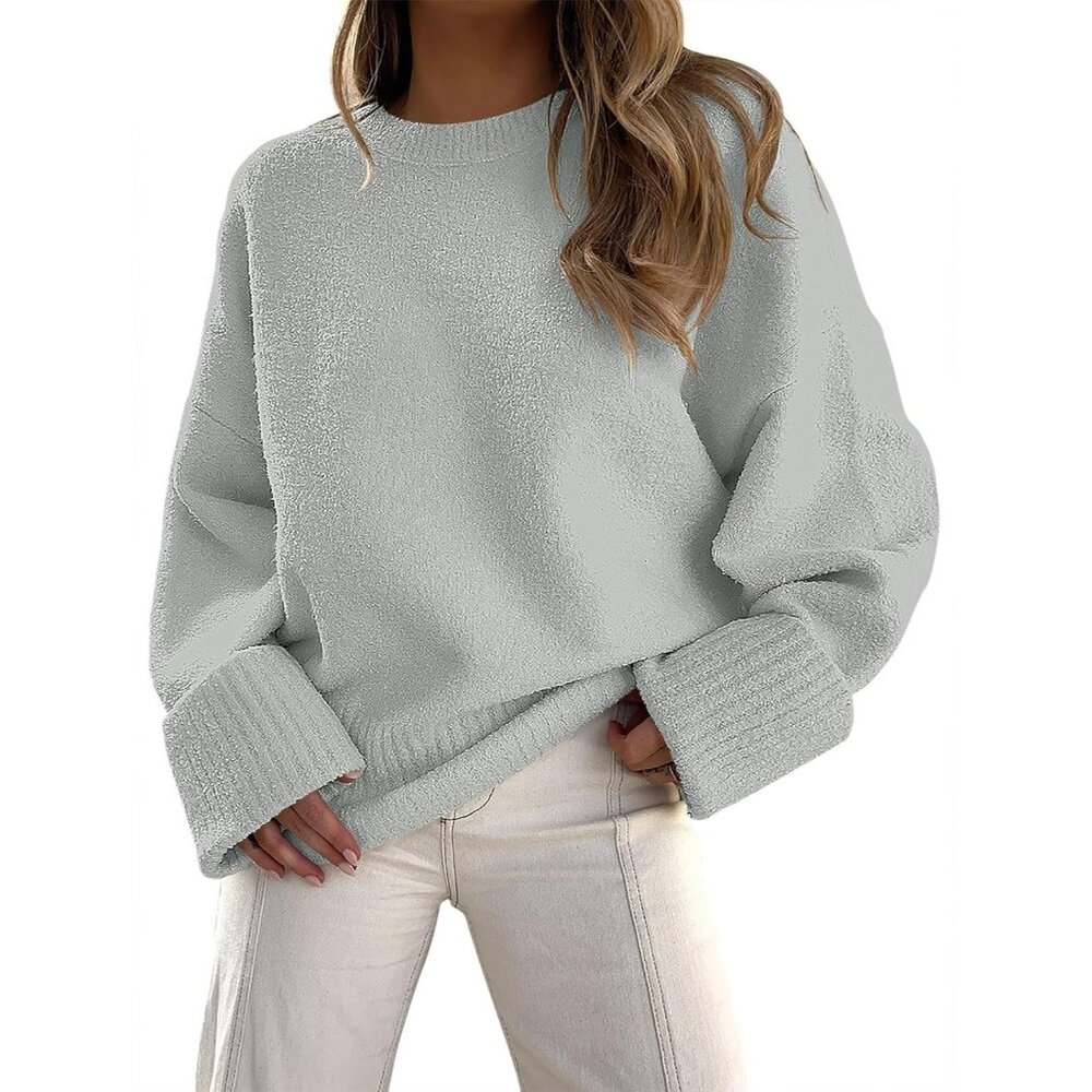Women's Oversized Sweater Fuzzy Light Grey Long Sleeve Casual Chunky Pullover